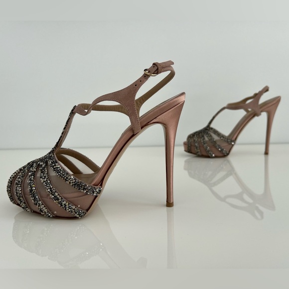 VALENTINO DUSTY PINK MAUVE TONE PLATFORM CRYSTAL SANDALS SIZE IT 37.5 / US 7.5 - Picture 11 of 17
